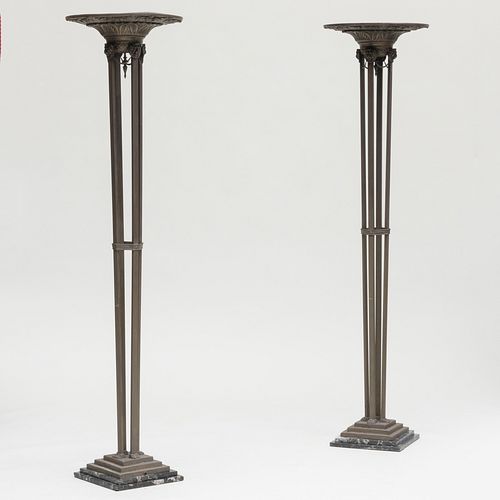 Pair of Modern Bronze and Marble Torcheres, Fitted as Lamps 
