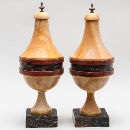 Pair of Sienna Marble and Faux Painted Urns Mounted as Lamps