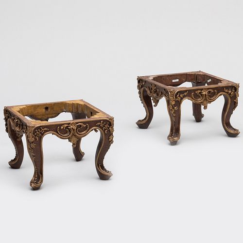 Pair of Early Victorian Painted Faux Rosewood and Parcel-Gilt Stools 