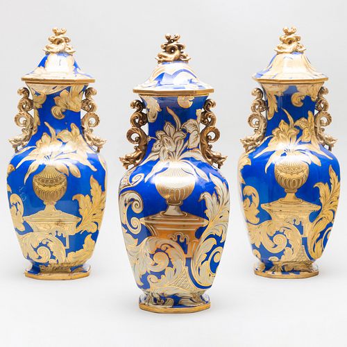 Group of Three English Ironstone Baluster Vases and Covers, Probably Ridgeway