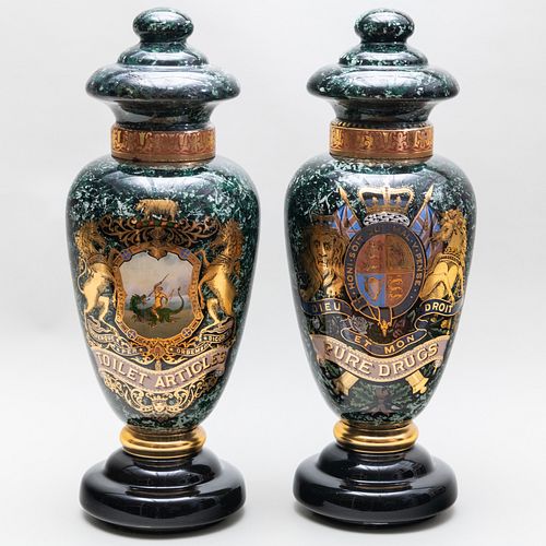 Pair of Reverse Painted Glass Druggist Jars Mounted as Lamps, 20th Century