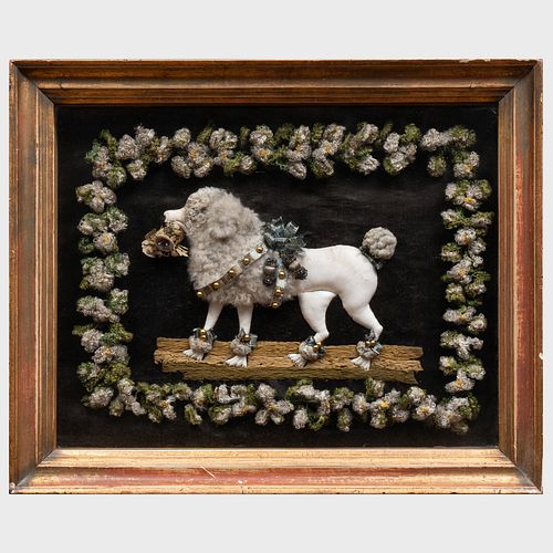 English Brass-Studded Leather, Wool and Fleece Appliqued Picture of Poodle, Possibly Portuguese