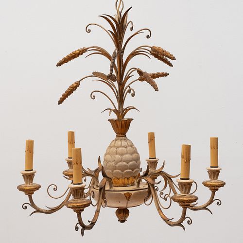 Modern Six-Light Painted and Parcel-Gilt Pineapple Chandelier 