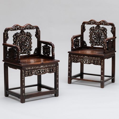 Pair of Chinese Inlaid Mother-of-Pearl Hardwood Armchairs 