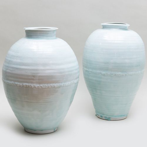 Pair of Gareth Mason Celadon Glazed Porcelain Jars 
