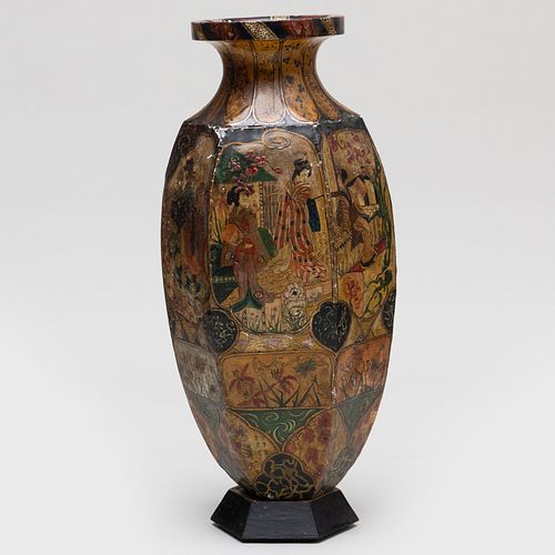 Rare Italian Polychrome Lacquer, Metal and Wood Tall Vase, Piedmontese, Signed  Francesco Petri