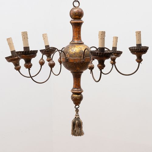 Pair of North Italian Giltwood and Metal Six-Light Chandeliers, Probably Piedmont 