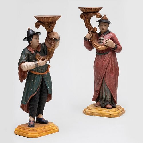 Pair of Asian Inspired Painted Wood Figural Torcheres, in the Rococo Style