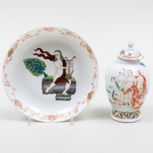 Chinese Export Saucer Dish of Orpheus Playing his Lyre and Tea Caddy of the Judgement of Paris