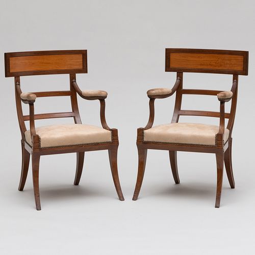 Pair of Continental Neoclassical Style Carved Mahogany and Satinwood Klismos Chairs