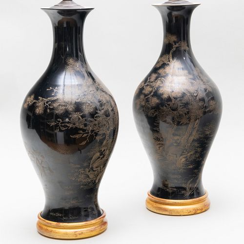 Pair of Chinese Gilt Decorated Porcelain Vases Mounted as Lamps