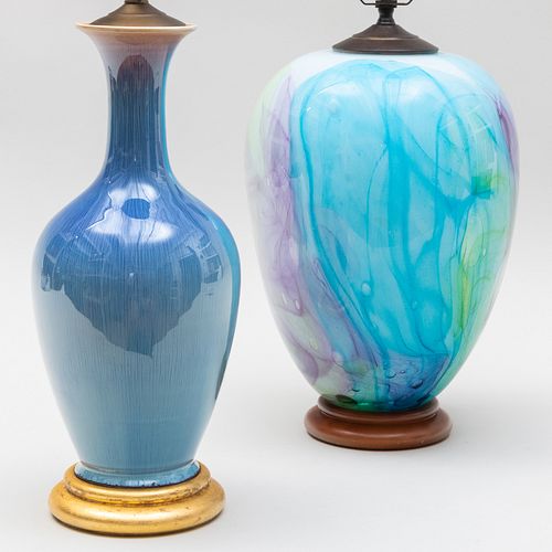 Blue Glazed Porcelain Vase Mounted as a Lamp and an Internally Decorated Glass Lamp