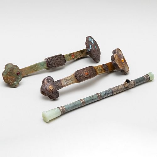 Two Chinese Metal-Mounted Hardstone Ruyi Scepters and an Opium Pipe