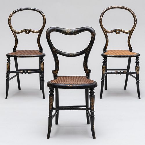 Group of Three Victorian Black Lacquer, Parcel-Gilt and Mother-of-Pearl Inlaid Caned Side Chairs