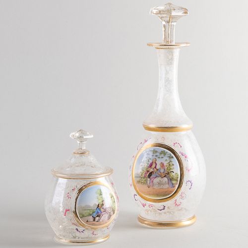 French Enameled Glass Decanter and Stopper and Powder Box and Cover