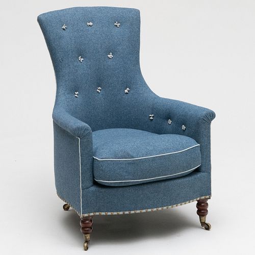 Early Victorian Mahogany and Linen Tufted Upholstered Armchair