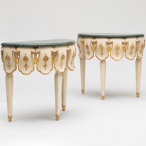 Pair of Modern Faux Marble, Cream Painted and Parcel-Gilt D-Shape Console Tables, Designed by Ann Getty & Associates