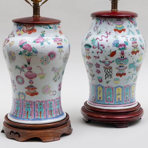 Two Chinese Famille Rose Vases now Mounted as Lamps