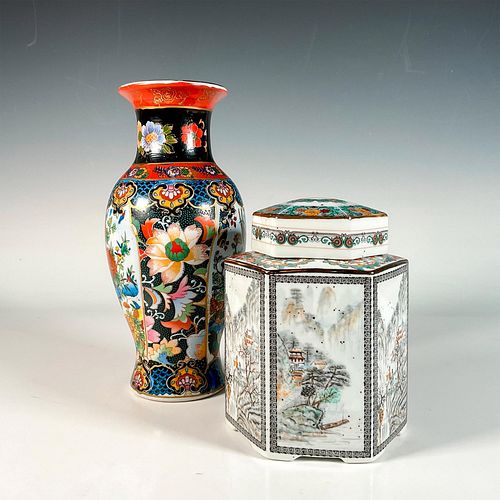 2pc Vintage Chinese Style Porcelain Vase and Tea Caddy