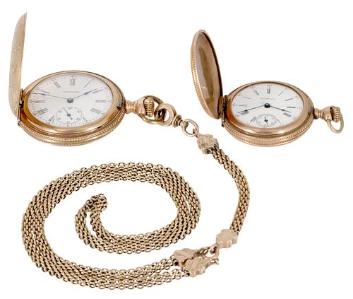 (2) LADY'S GOLD-FILLED HUNTER CASE PENDANT WATCHES, CHAIN