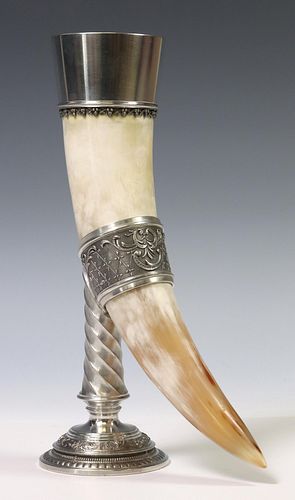 PEWTER MOUNTED DRINKING HORN
