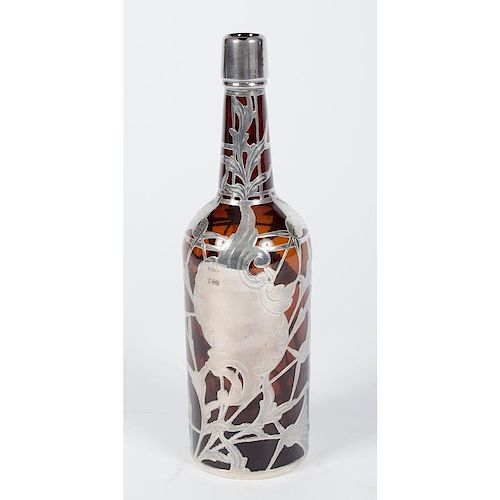 Silver Overlay Amber Glass Bottle