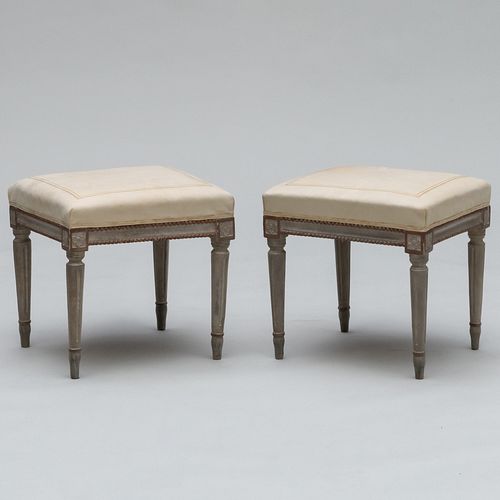 Pair of Louis XVI Style Grey Painted and Parcel-Gilt Tabourets