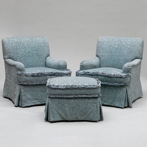 Pair of Velvet Damask Upholstered Armchairs and Ottoman