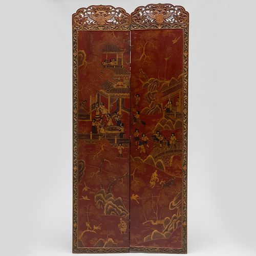 Chinese Red Painted and Parcel-Gilt Two Panel Screen
