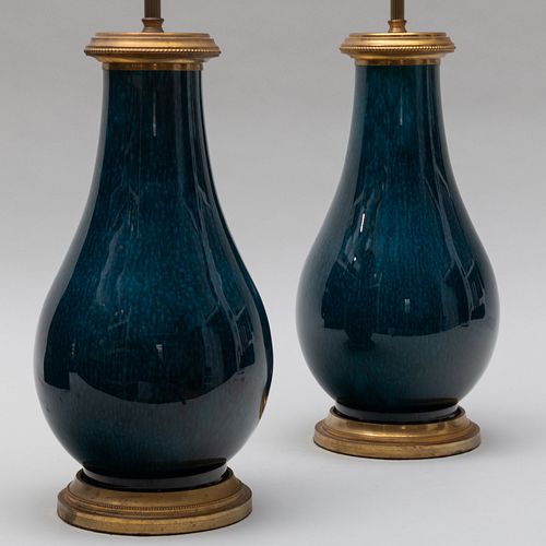 Pair of Mottled Blue Glazed Porcelain Vases Mounted as Lamps