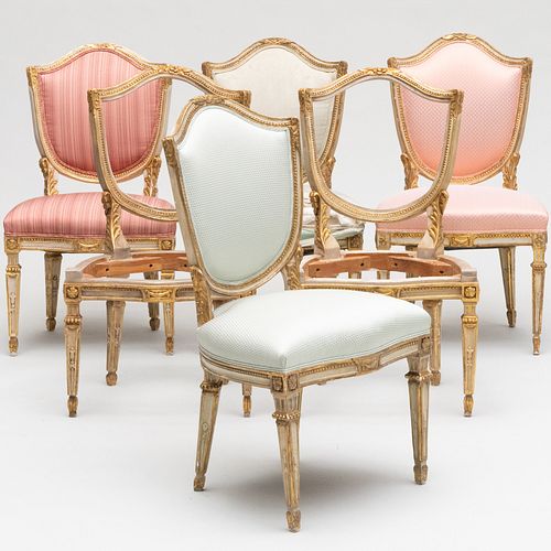 Set of Three Italian Neoclassical Painted and Parcel-Gilt Shield-Back Dining Chairs