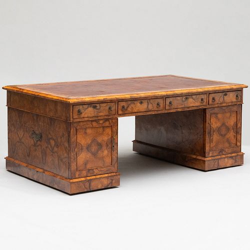 Victorian Faux Painted Olivewood and Leather Partner's Desk