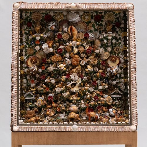 Large Victorian Shellwork and Barkwork Figural Shadow Box