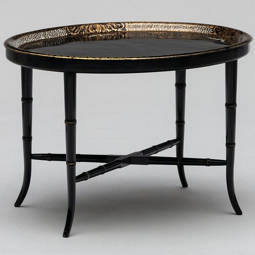 Victorian Black Painted and Parcel-Gilt Tole Tray on Later Stand