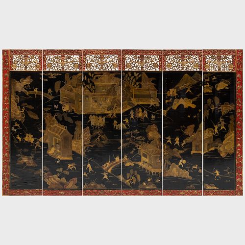 Fine Chinese Export Black Lacquer and Parcel-Gilt Six Panel Screen