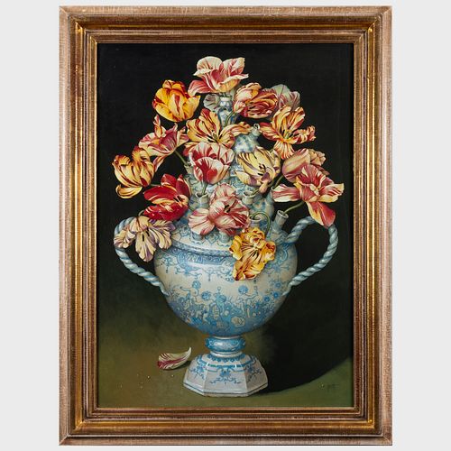 Jose Escofet (b. 1930): Parrot Tulips in Blue & White Delft Vases