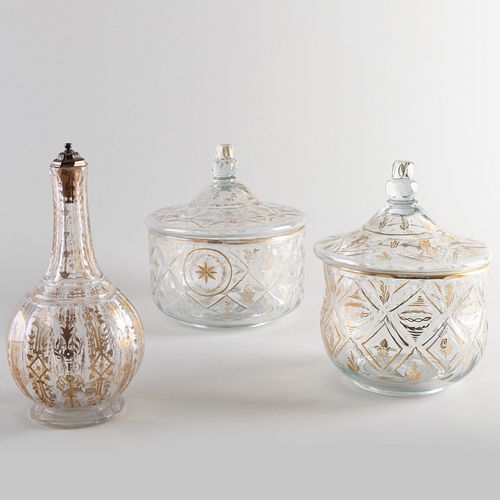 Two Ottoman Gilt-Decorated Glass Beykoz and Covers and Three Turkish Gilt-Decorated Glass Decanters