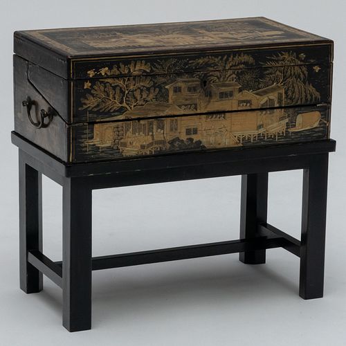Chinese Export Black Lacquer and Parcel-Gilt Lap Desk on Later Stand