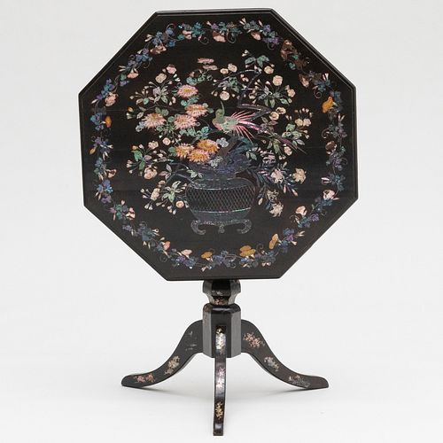 Japanese Export Mother-of-Pearl-Inlaid Black Lacquer Tilt-Top Tripod Table
