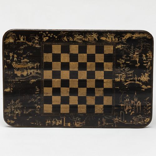 Chinese Export Black Lacquer and Parcel-Gilt Chess Board