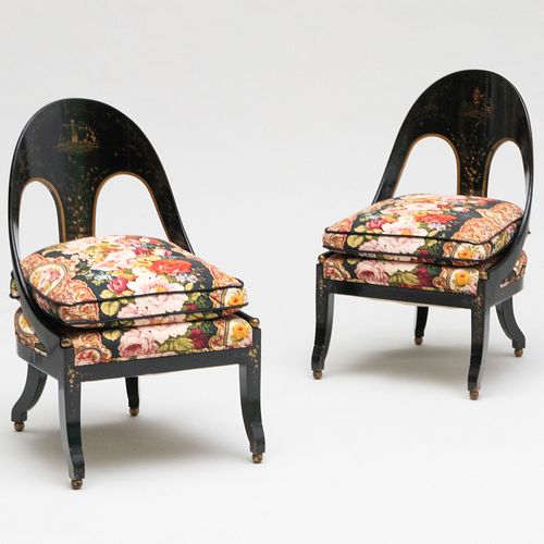 Pair of Regency Style Black Chinoiserie Decorated Spoon-Back Chairs