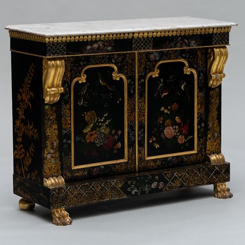 Victorian Mother-of-Pearl Inlaid Black-Japanned and Parcel-Gilt Side Cabinet