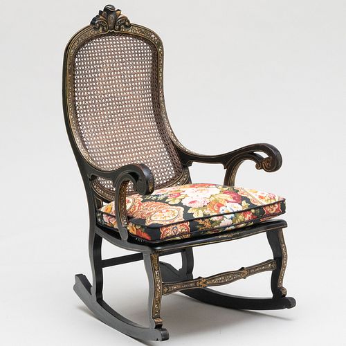 French Mother-of-Pearl-Inlaid Black-Japanned Caned Rocking Chair