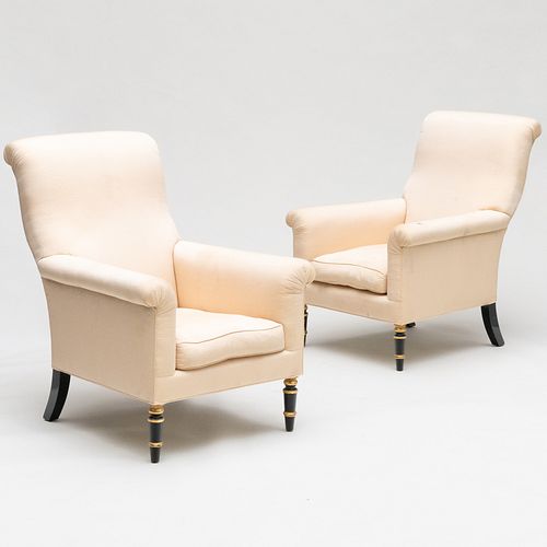 Pair of Regency Style Ebonized and Parcel-Gilt Library Armchairs