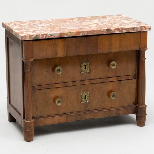 Miniature Empire Gilt-Metal-Mounted Walnut Commode with a Marble Top