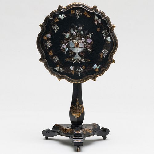 Victorian Mother-of-Pearl-Inlaid and Gilt-Decorated Japanned Papier Mâché Tilt-Top Table