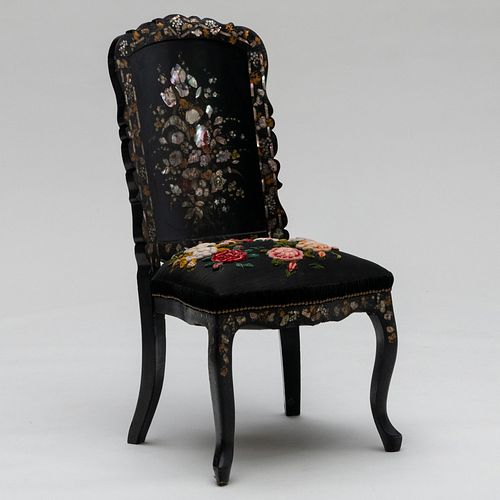 French Mother-of-Pearl Black Painted and Inlaid Papier Mâché Side Chair