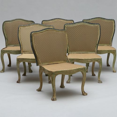 Six Venetian Rococo Style Green Painted Wood and Zinc Folding Side Chairs