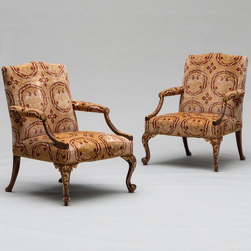 Pair of George II Style Grain Painted and Parcel-Gilt Library Chairs