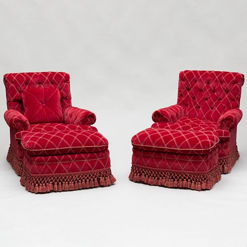 Pair of Red Velour de Lin Tufted Upholstered Swivel Armchairs and Ottomans, by Lelievre, Paris